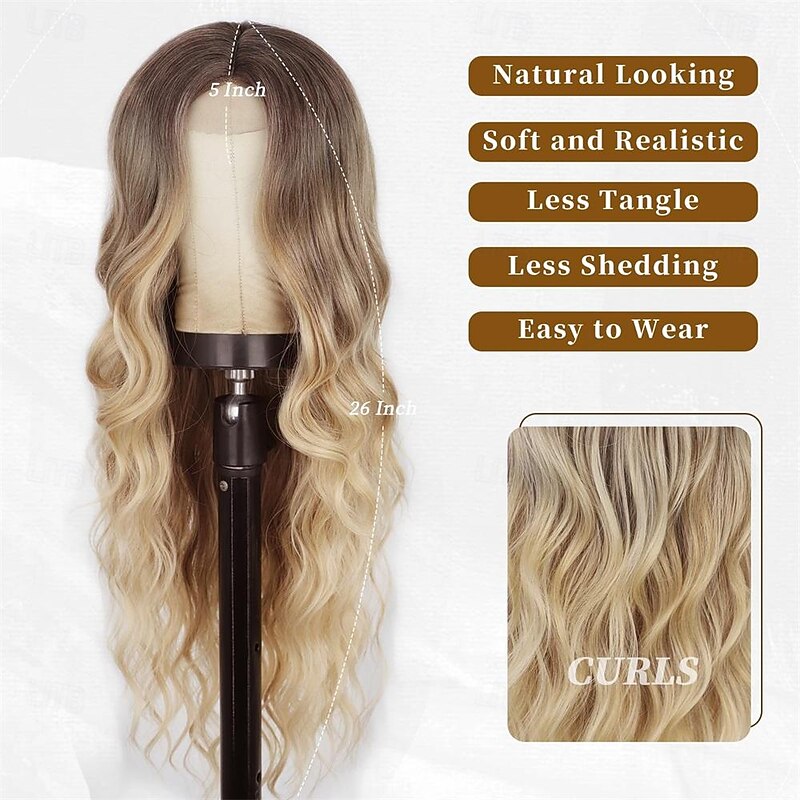 Long Wavy Wig Ombre blonde wig Middle Part Curly Wavy Hair for Women 24 Inch Long Blonde Wig Natural Looking Heat Resistant Hair for Girls Daily Party Use2