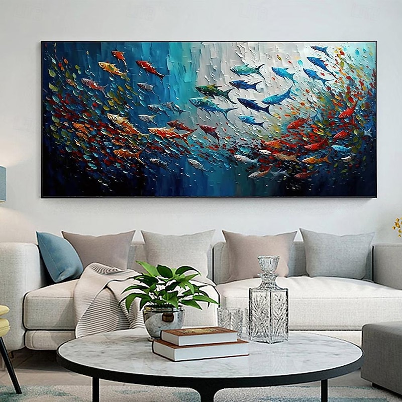 Mintura Handmade Abstract Fish School Oil Paintings On Canvas Wall Art Decoration Modern Picture For Home Decor Rolled Frameless Unstretched Painting2