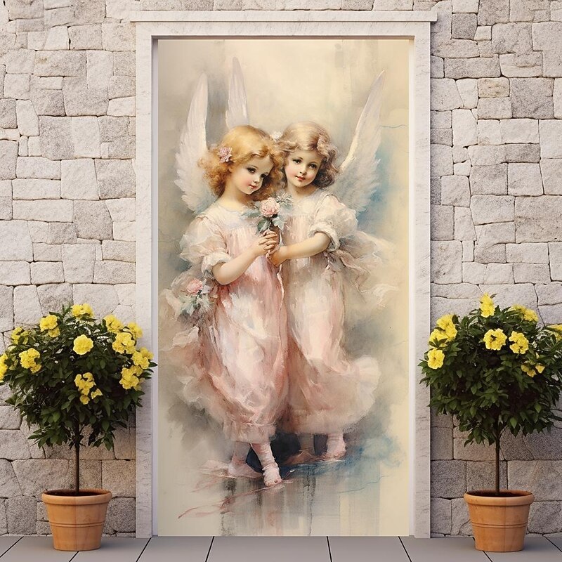 Painting Angels Door Covers Door Tapestry Door Curtain Decoration Backdrop Door Banner for Front Door Farmhouse Holiday Party Decor Supplies3