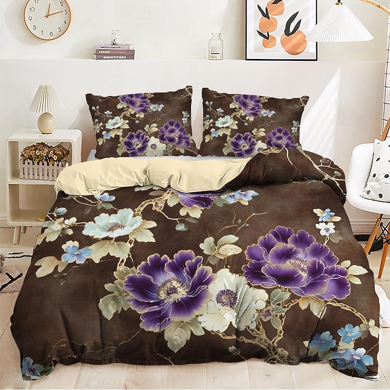 Oil Painting Style Flowers Pattern Duvet Cover Set Comforter Set Soft 3-Piece Luxury Cotton Bedding Set Home Decor Dusk Bedding Gift King Queen Full Size