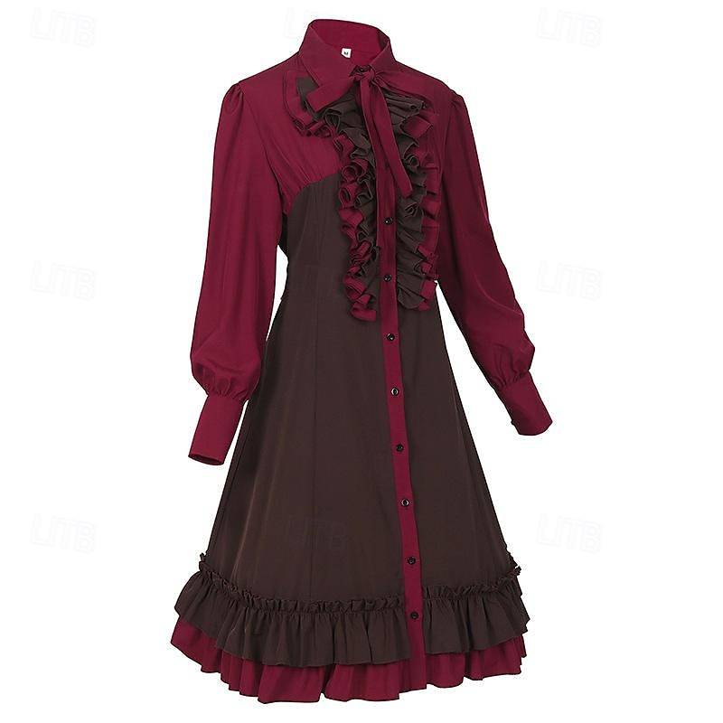 Gothic Lolita Punk & Gothic Steampunk Dress Bishop Sleeve Flounced Color Block Turndown Fancy Dress Women's Fantasy Steampunk Performance Masquerade Adults' Dress All Seasons4