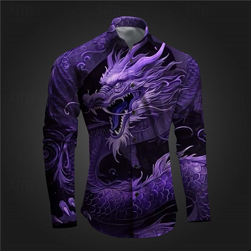 Men's Dragon Shirt Button Up Shirt Long Sleeve Abstract Subcultural Daily Wear Going out Spring Turndown Print Button-Down Yellow Red Blue Purple3