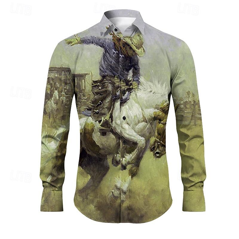 Kentucky Derby Men's Cowboy Shirt Western Shirt Cowboy Shirt Long Sleeve Vintage Western Style Outdoor Street Casual Daily Fall & Winter Turndown Buttons Print Blue Purple Brown Green2