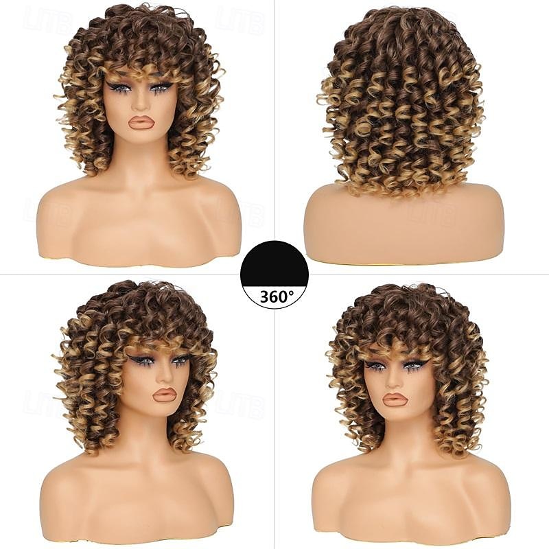 14 Inch Curly Wigs for Black Women Short Curly Wig with Bangs Big Loose Cute Kinky Curly Hair Synthetic Soft Wigs for Daily Party Cosplay Halloween Wigs3