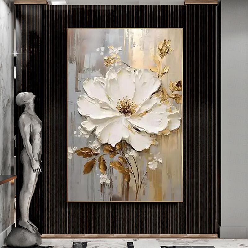 Handpainted Large Flower Texture Painting 3D Texture Painting Gold Floral Abstract Painting Original Gold Wall Art Flower Painting for Living Room Home Decor Stretched Frame Ready to Hang2