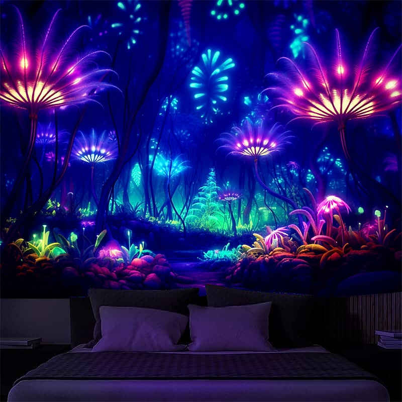 Blacklight Tapestry UV Reactive Glow in the Dark Glow Party Creepy Flowers Trippy Misty Nature Landscape Hanging Tapestry Wall Art Mural for Living Room Bedroom3