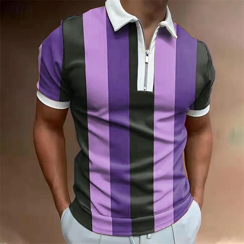 Men's Striped Zip Polo Shirts Golf Shirt Short Sleeve Polo Shirts Collared Shirts Business Casual WorkWear Formal Wear Festival Wear 3D Print Quarter Zip Polo Summer Yellow Blue Purple3