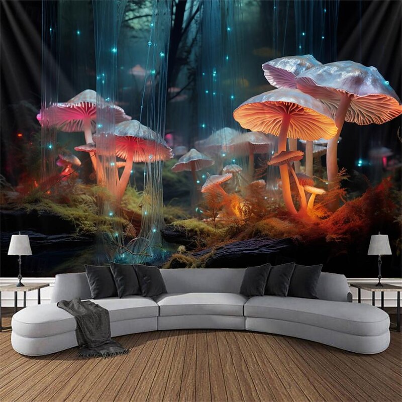 Blacklight Tapestry UV Reactive Glow in the Dark Glow Party Neon Crystal Mushrooms Psychedelic Trippy Misty Hanging Tapestry Wall Art Mural for Living4