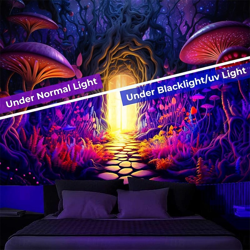 Blacklight Tapestry UV Reactive Glow in the Dark Glow Party Neon Mushrooms Forest Psychedelic Trippy Misty Hanging Tapestry Wall Art Mural for Living3