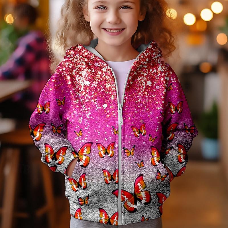 Girls' 3D Butterfly Hoodie Coat Outerwear Pink Long Sleeve Fall Winter Active Cute Streetwear Kids 3-12 Years Zip Street Daily Regular Fit2
