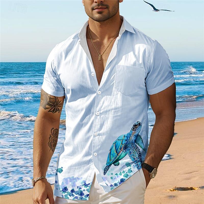 Men's Tropical Turtle Summer Hawaiian Shirt Aloha Shirt Printed Shirts Short Sleeves Shirt Turndown Hawaiian Resort Outdoor Vacation Holiday White Blue Green S M L4