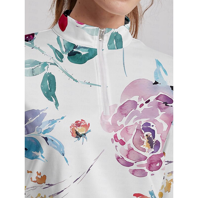 Women's Golf Polo Shirt Pink Long Sleeve Sun Protection Top Floral Fall Winter Ladies Golf Attire Clothes Outfits Wear Apparel3