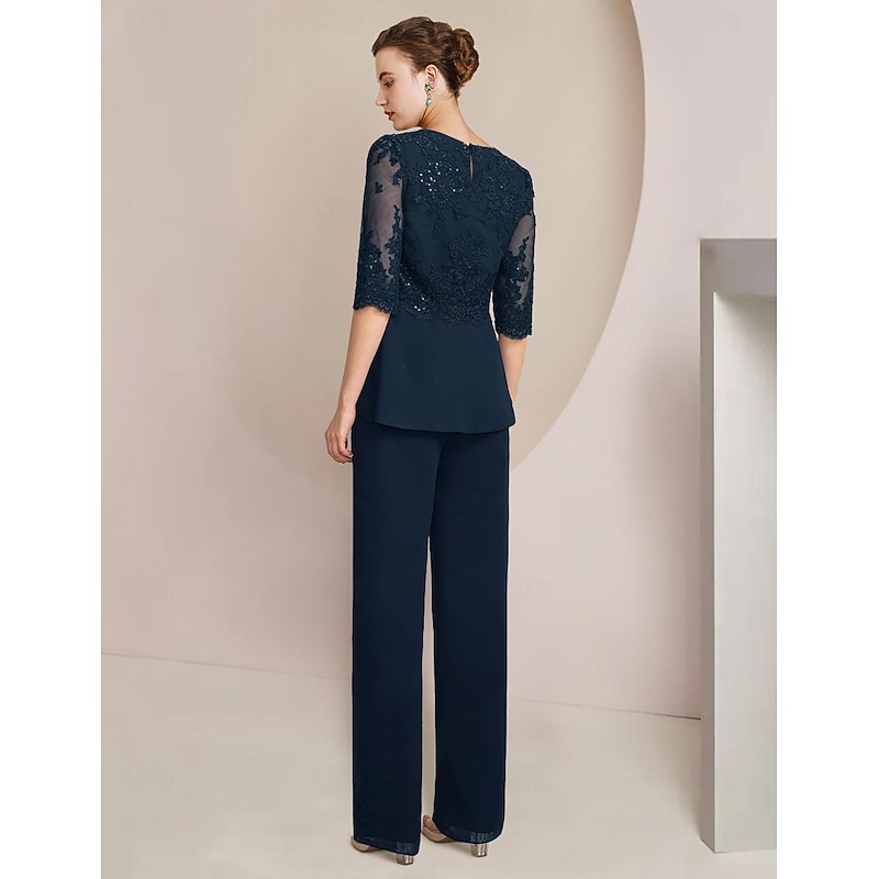 Beach Wedding Pantsuit 3 Piece Mother of the Bride  Formal Wedding Guest Elegant Scoop Neck Floor Length Chiffon Lace Sequined 3/4 Length Sleeve with Lace Sequin free custom4