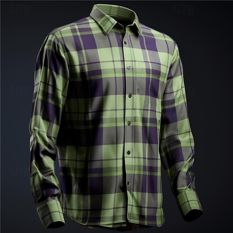 Men's Plaid / Check Geometric Pattern Shirt Button Up Shirt Long Sleeve Business Business Casual Daily Wear Going out Spring Turndown Print Button-Down Blue Orange Green Khaki3