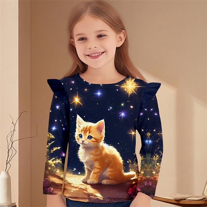 Girls' 3D Cat Ruffle Tee Long Sleeve 3D Print Spring Fall Active Fashion Cute Kids 3-12 Years Crew Neck Outdoor Casual Daily Regular Fit
