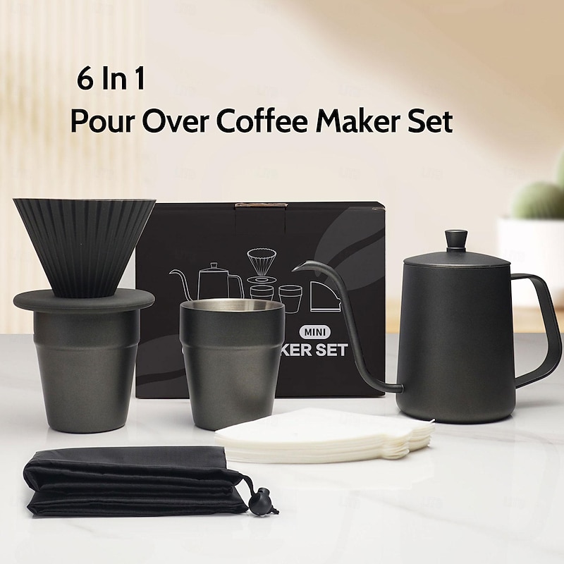 Pour Over Coffee Maker Set- 6 in 1 SUS304 Teflon Surface Slow Drip Coffee Maker Set  Dripping Cup Filter Paper Cup Portable Box for Traveling,Coffee Gift Box Set Valentine's Day Gift