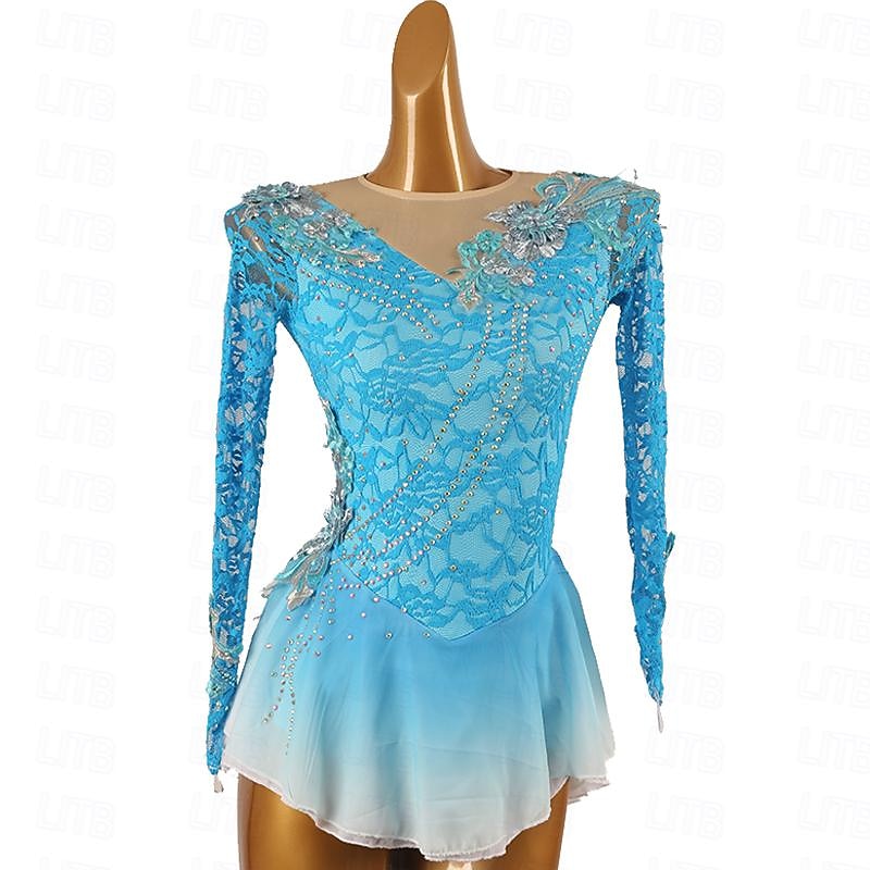 Figure Skating Dress Women's Girls' Ice Skating Dress Outfits Violet Black White Patchwork Mesh Spandex Lace High Elasticity Competition Skating Wear Handmade Crystal / Rhinestone Long Sleeve Ice