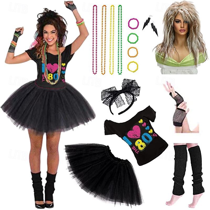 Disco 1980s Outfits T-shirt Women's Costume Headbands Beaded Necklace Vintage Cosplay Masquerade Party & Evening Club More Accessories With Costume Wigs4