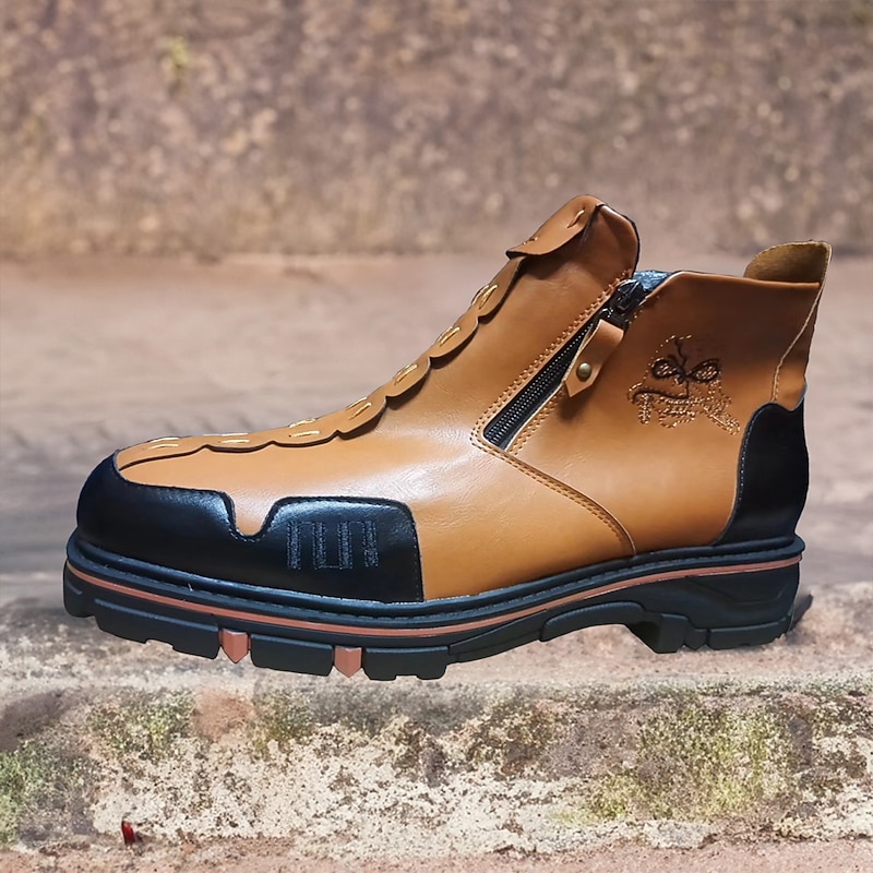 Men's Brown and Black Faux Leather Ankle Boots with Skull Design - Halloween-Themed Footwear with Side Zipper and Rugged Sole3