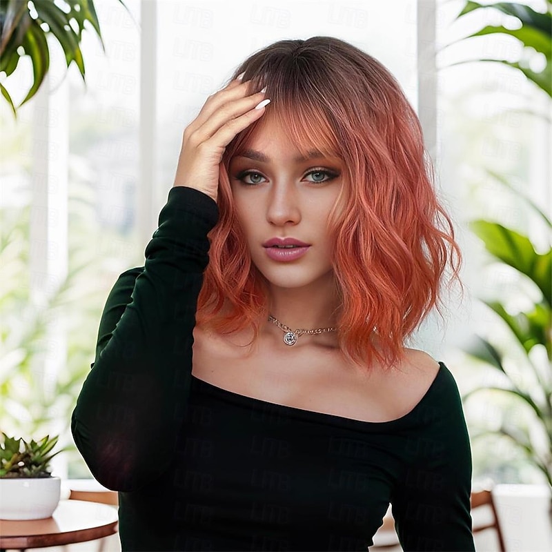 Ombre Pink Wig Short Body Wavy Bob Wigs for Women With Bangs Shoulder Length Synthetic Cosplay Party Wig for Girls Daily Use Colorful Wigs Halloween Wigs