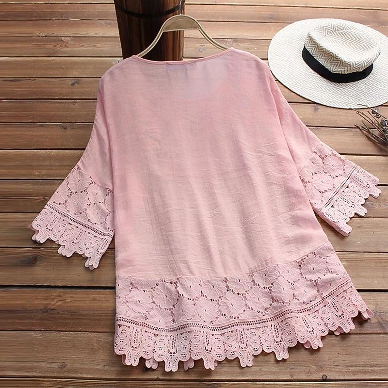 Women's Shirt Boho Shirt Lace Shirt Blouse Floral Fashion Round Neck Street Daily Lace up Lace White Pink Blue Purple Green Summer4