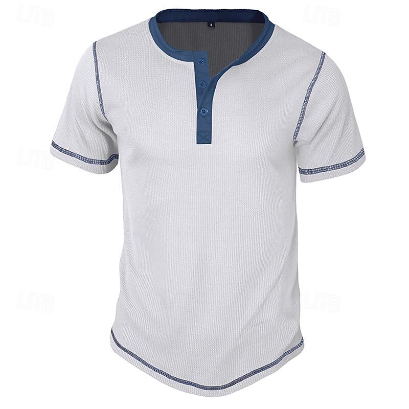 Men's Button T Shirt T Shirt Waffle Henley Shirt Henley Shirt Short Sleeve Henley Spring & Summer Color Block Fashion Designer Basic Patchwork Vacation Street Going out Black White Royal Blue Top Tee3