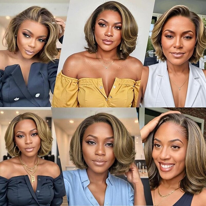 Wig Light Blonde Mix Brown Bob Layered Cut Wigs 13X4 Closure Bob Lace Front Wig Short Bob Wigs Right C Part Human Hair Frontal4