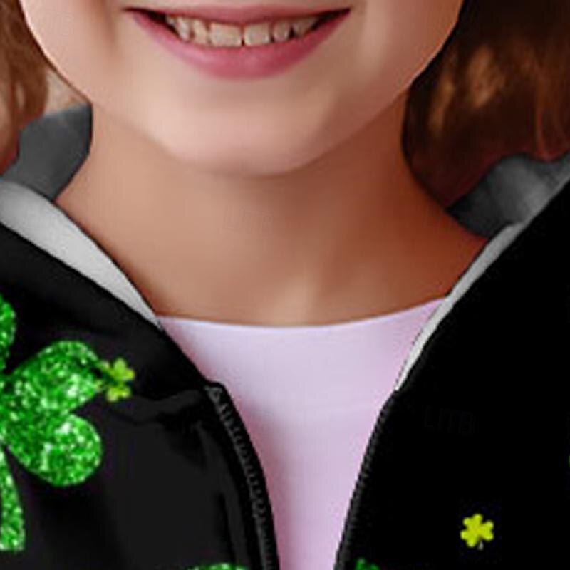St. Patrick Girls' 3D Four Leaf Clover Hoodie Coat Outerwear Long Sleeve Fall Winter Active Cute Streetwear Polyester Kids 3-12 Years Zip Street Daily Regular Fit4
