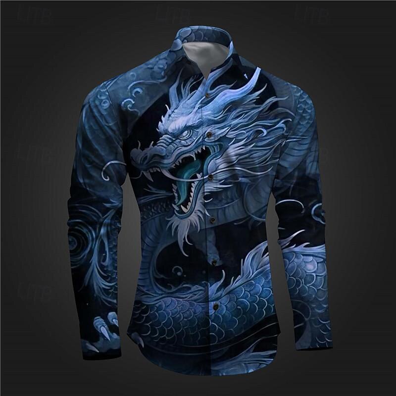 Men's Dragon Shirt Button Up Shirt Long Sleeve Abstract Subcultural Daily Wear Going out Spring Turndown Print Button-Down Yellow Red Blue Purple2