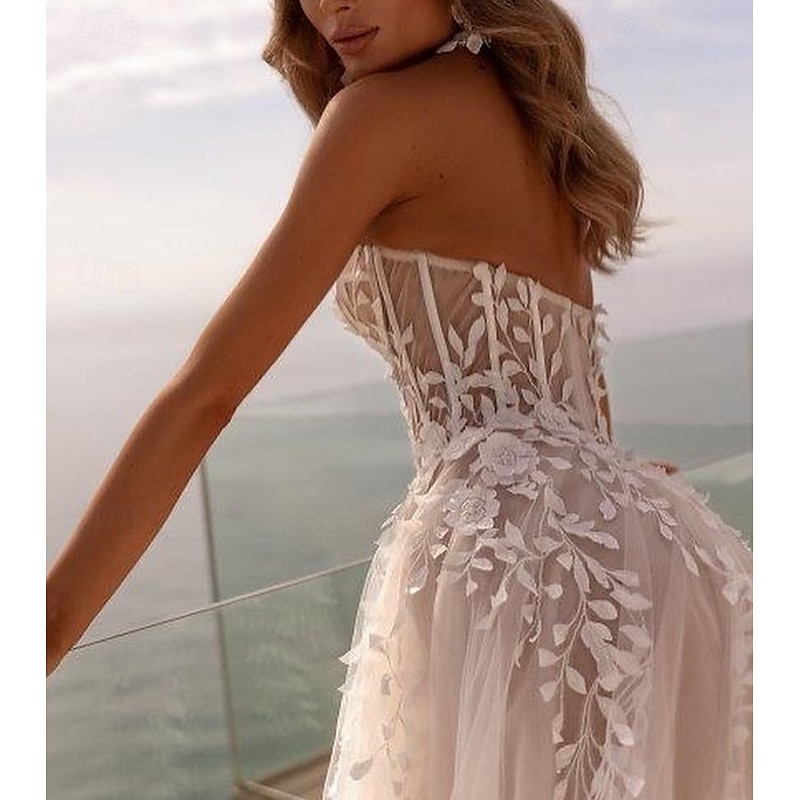 Beach Open Back Formal Wedding Dresses Ball Gown Sweetheart Sleeveless Sweep / Brush Train Tulle Bridal Gowns With Appliques Solid Color4