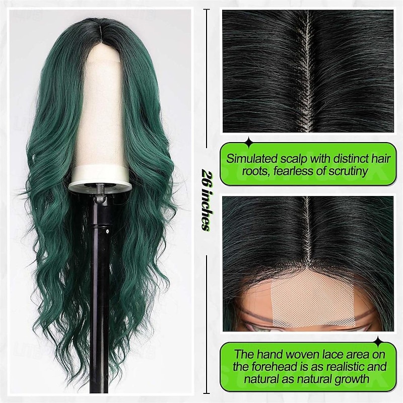 Long Ombre Green Wavy Wig for Women 26 Inch Middle Part Curly Wig Natural Looking Synthetic Heat Resistant Fiber Wig for Daily Party Use St.Patrick's Day Wigs Halloween Wigs2