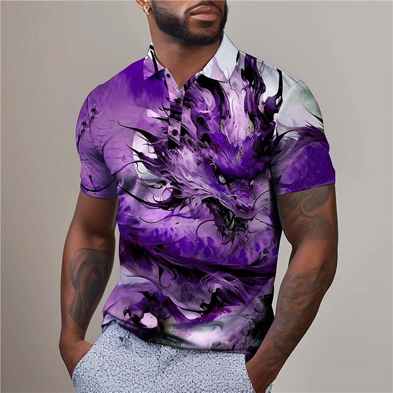 Men's Dragon Golf Shirt Short Sleeve Polo Shirts Collared Shirts Casual Funny Vacation Wear Party Outfits Buttons 3D Print Summer Yellow Red Blue2