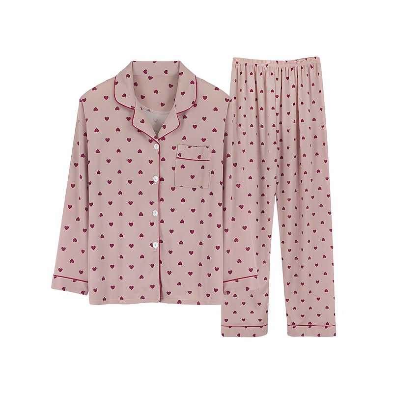 Women's Pajamas Sets Heart Grid / Plaid Fashion Comfort Soft Home Daily Bed Satin Silk Breathable Lapel Long Sleeve Shirt Pant Button Pocket Fall Winter Home Outfits2