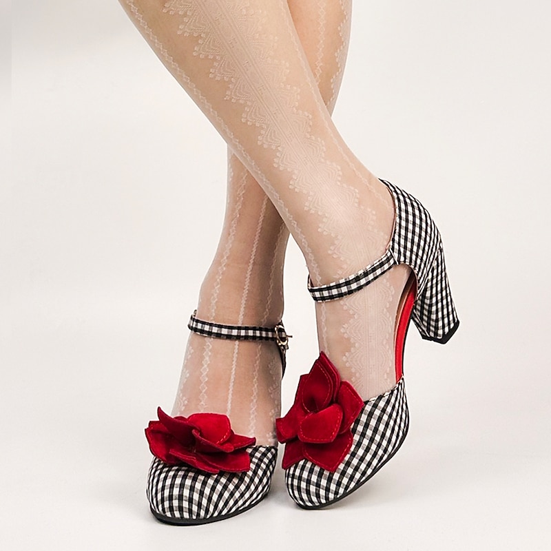 Women's Vintage Gingham Checkered Mary Jane Heels with Red Flower Embellishments – Retro Style Party Shoes