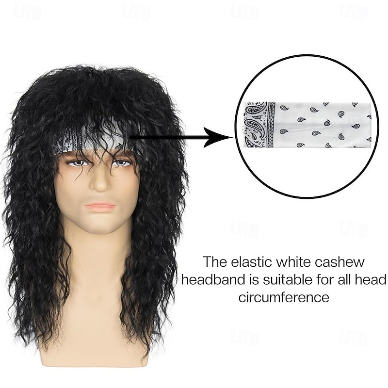 Men's 80s Mullet Wig Black Curly Wig Punk Rocker Wig Party Cosplay Hair with Accessories Halloween Wigs3