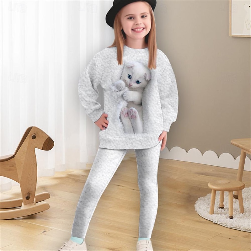 Girls' 3D Cat Sweatshirt & Legging Set Long Sleeve 3D Print Spring Fall Active Fashion Daily Kids 4 years+ Crew Neck Outdoor Vacation Date Regular Fit2