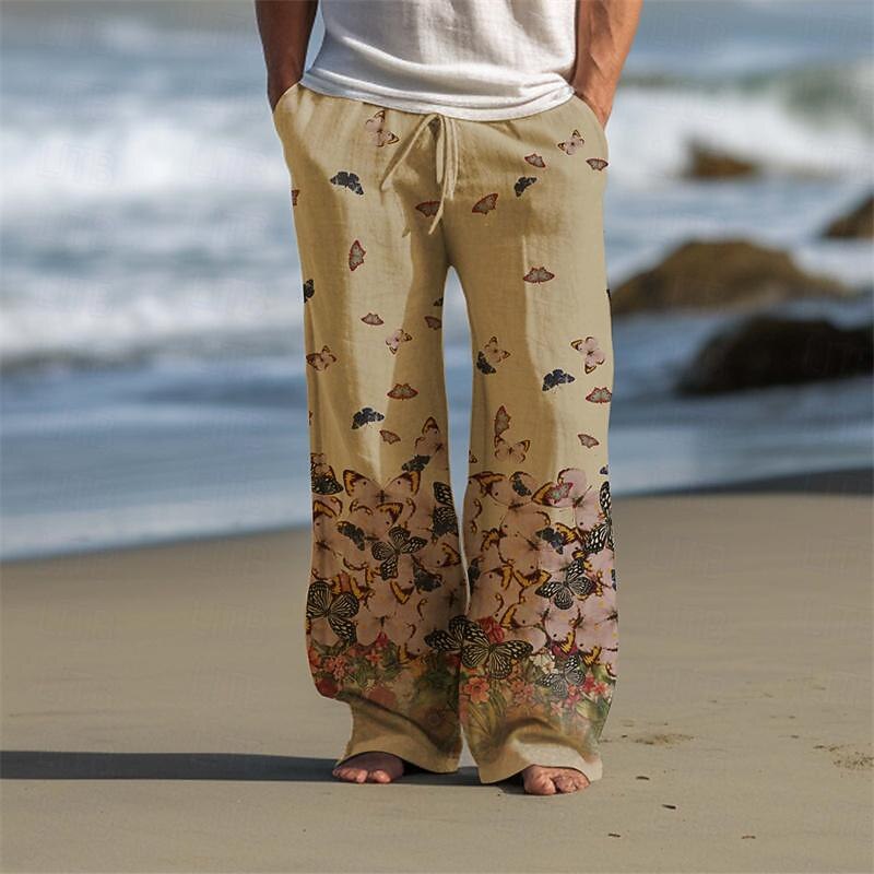 Men's Butterfly Linen Pants Pants Trousers Baggy Pants Mid Waist Vintage Outdoor Daily Wear Streetwear Fall & Winter Black Blue Green4