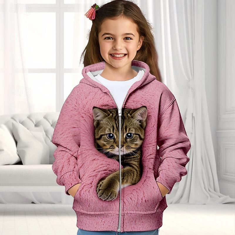 Girls' 3D Cat Hoodie Coat Outerwear Pink Long Sleeve Fall Winter Active Cute Streetwear Kids 3-12 Years Zip Street Daily Regular Fit3