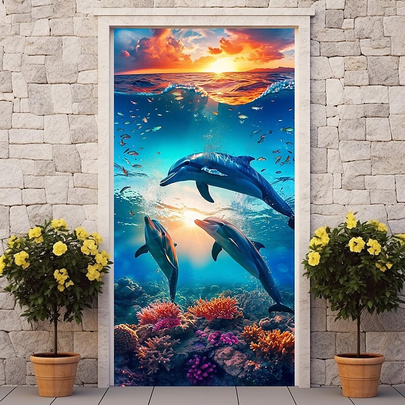 Animal Dophin Door Covers Mural Decor Door Tapestry Door Curtain Decoration Backdrop Door Banner Removable for Front Door Indoor Outdoor Home Room Decoration Farmhouse Decor Supplies3