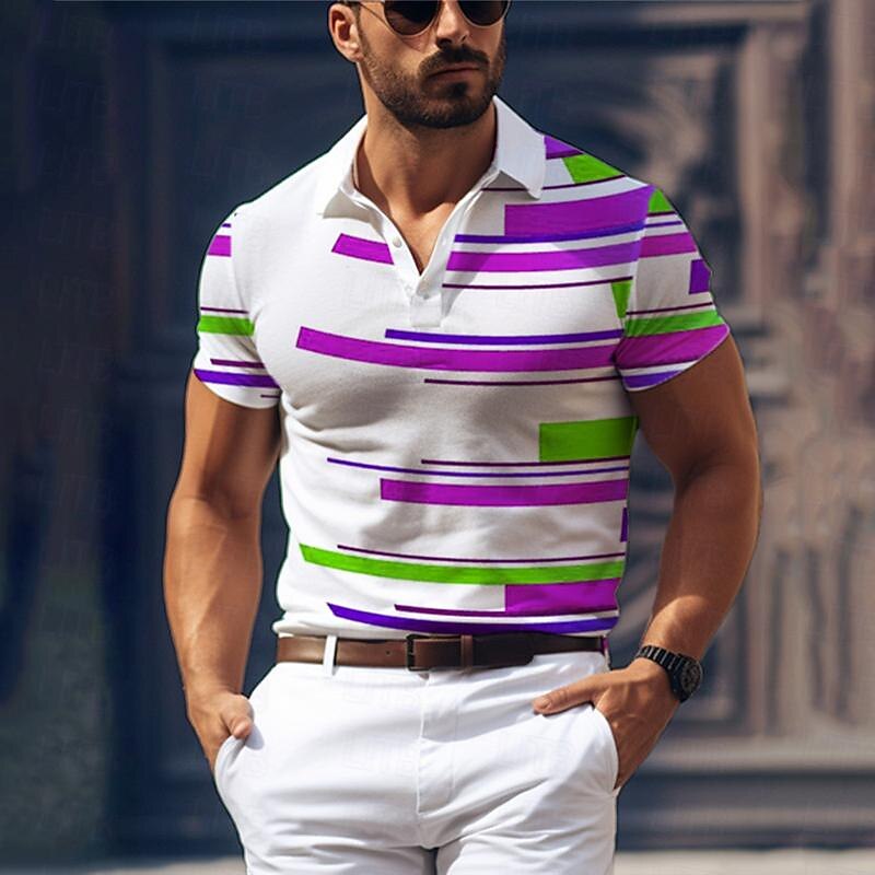 Men's Geometric Golf Shirt Short Sleeve Polo Shirts Collared Shirts Casual Vacation Wear Formal Wear Festival Wear Buttons 3D Print Summer Royal Blue Blue Purple3