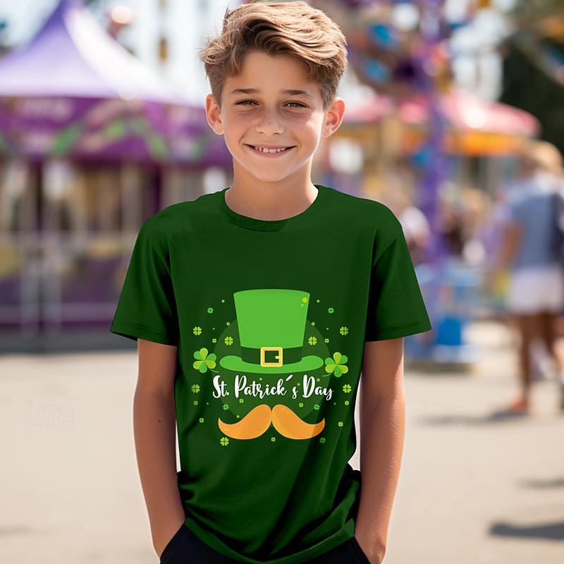 St. Patrick Boys 3D Cartoon Four Leaf Clover Tee Shirt Short Sleeve 3D Print Summer Active Sports Fashion Polyester Kids 3-12 Years Crew Neck Outdoor Casual Daily Regular Fit2