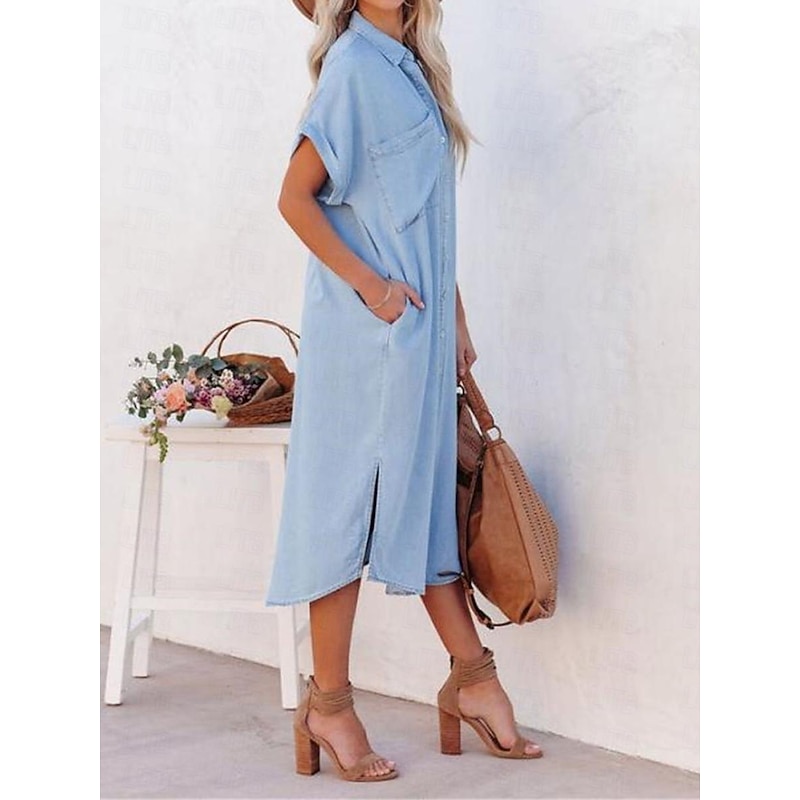 Women's Shirt Dress Midi Dress Denim Button Pocket Date Streetwear Shirt Collar Short Sleeve Blue Color3