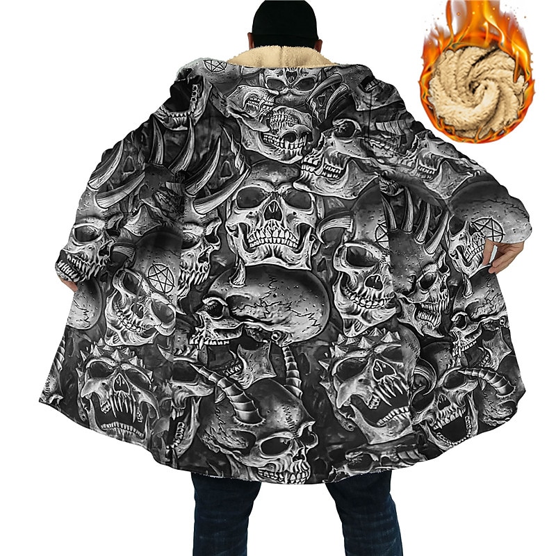 Men's Winter Coat Fleece Jacket Coat Sports & Outdoor Daily Wear Warm Breathable Zipper Pocket Fall & Winter Skull Fashion Streetwear Hoodie Long Regular Fit Black Jacket2