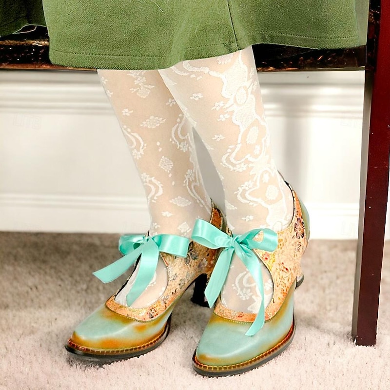 Women's Vintage Floral Lace-Up Heels – Elegant Green & Gold Victorian-Style Shoes for Special Occasions3