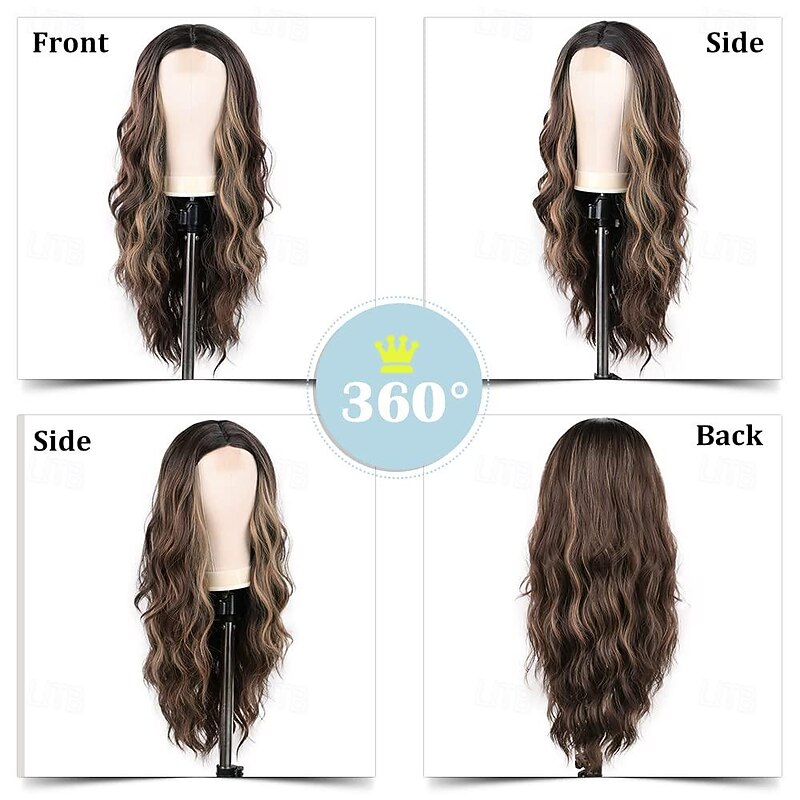 Long Brown Mixed Blonde Wavy Wig for Women 24 Inch Middle Part Curly Wavy Wig Natural Looking Synthetic Heat Resistant Fiber Wig for Daily Party Use Halloween Wigs2