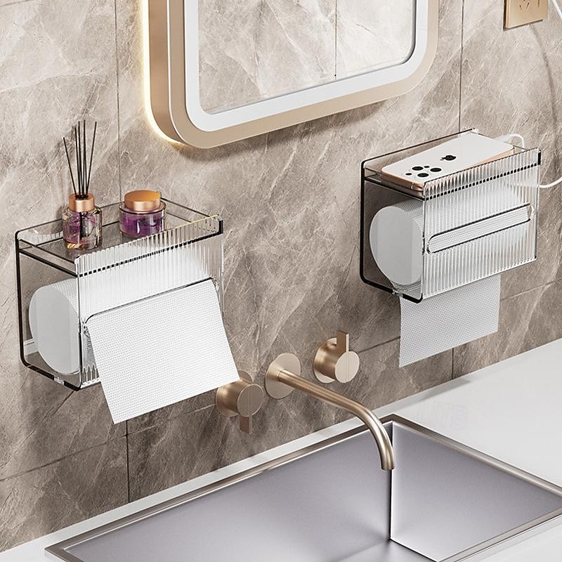 1pcs Bathroom Tissue Storage Box Punch-free Toilet Paper Holder Wall Mounted Tissue Dispenser Container Bathroom Hanging Tissue Storage Rack Bathroom Accessories3