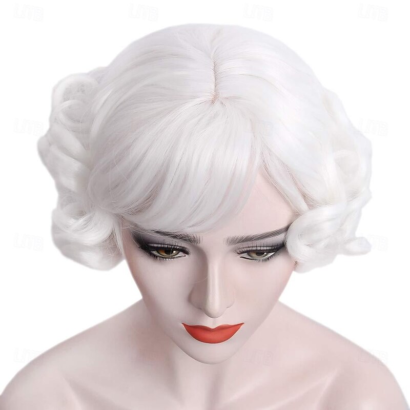Short Curly White Women Wig with Bangs Heat Resistant Synthetic Hair Water Wave Womens Wigs for Old Lady Cosplay Daily 20s Costume Anime Carnival Halloween Wigs3