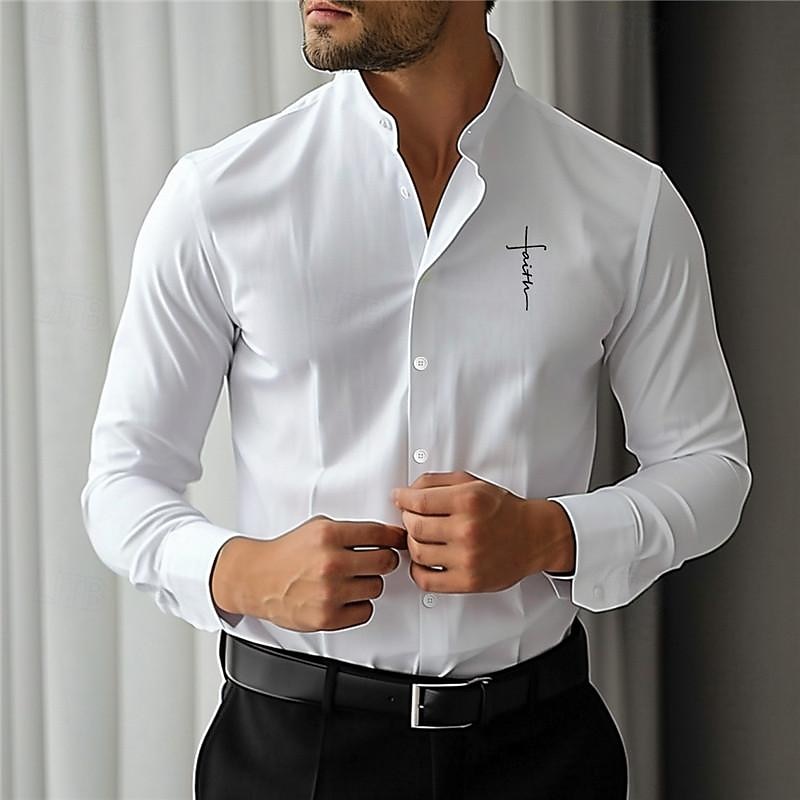 Men's Printed Shirts Faith Street Wear to work White Pink Blue Long Sleeve Standing Collar Spring & Summer Clothing Apparel Print