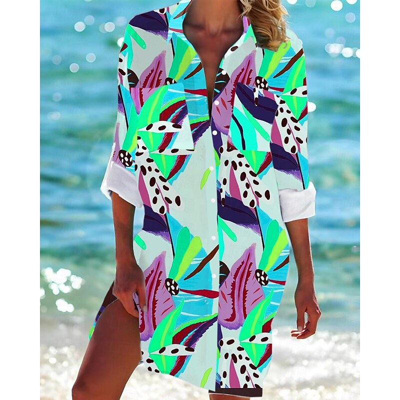 Women's Mini Dress Shirt Dress Hawaiian Shirts  Flowy  Fashion Buttons Print Long Sleeve Long  Shirt Collar Casual Holiday Beach Yellow Red Blue Purple Green Summer Holiday Clothes Beach Wear2