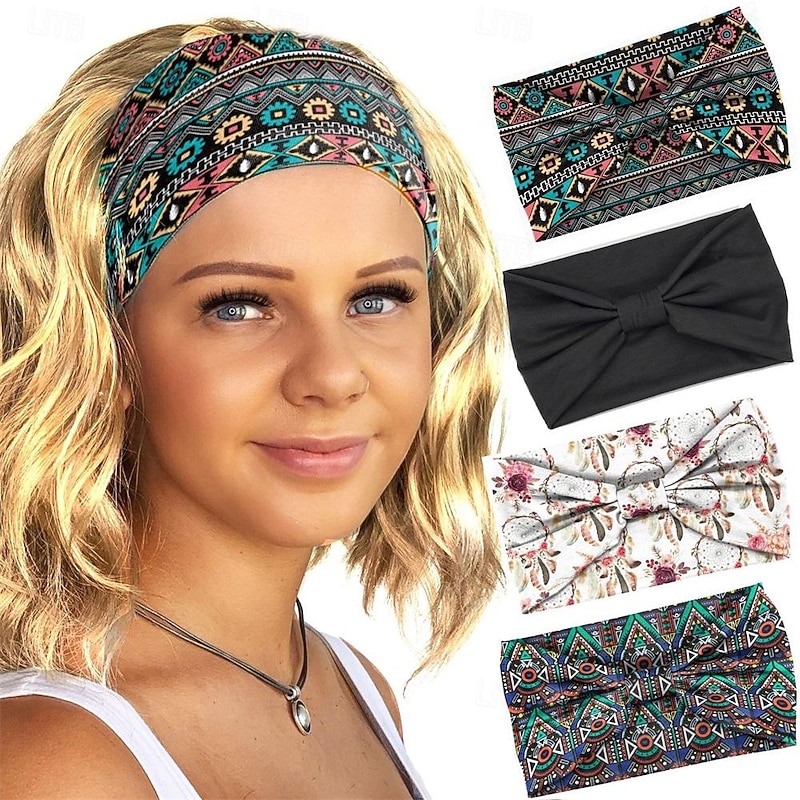 Bohemian Feather Print Headband, Women's Sports Headband,  Knot Wide Edge Retro Headscarf